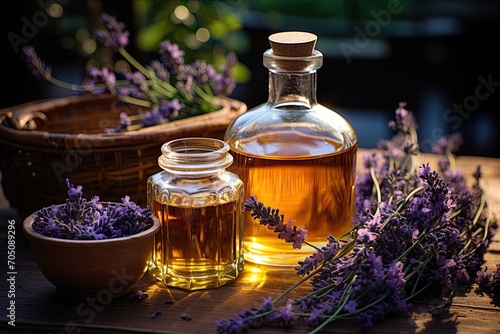 Lavender essential oil with lavender flowers on a rustic wooden background with copyspace. A glass bottle with a cork with buds infusing  Generative AI