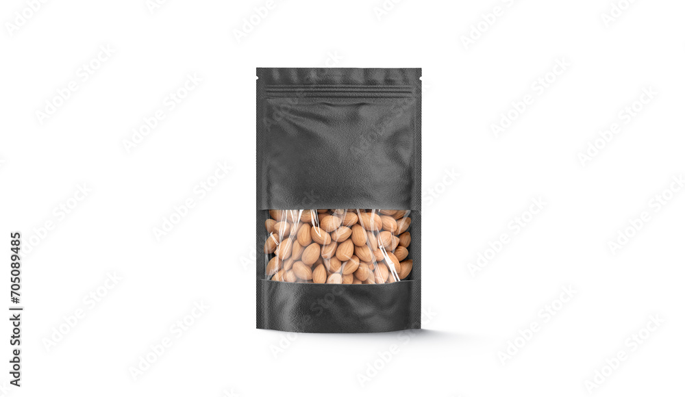 Blank black zipper pouch with nuts stand mockup, front view