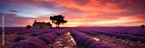 Beautiful lavender field with long purple rows, Generative AI