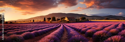 Beautiful lavender field with long purple rows, Generative AI