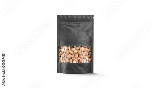 Blank black zipper pouch with nuts stand mockup, front view