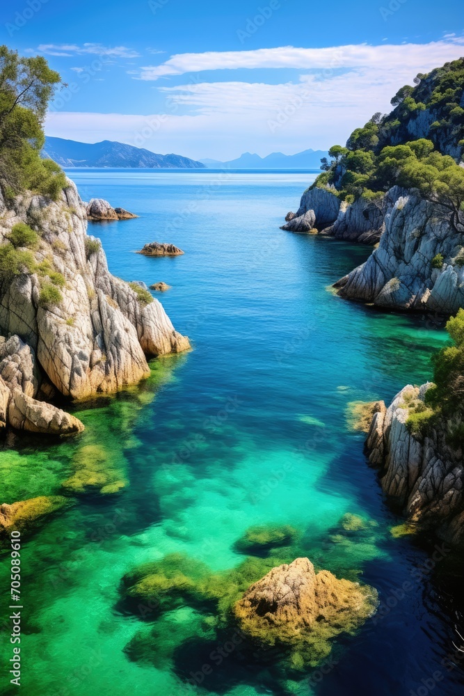 Sun shines to beautiful bay with a small beach and views of the blue sea and rocks