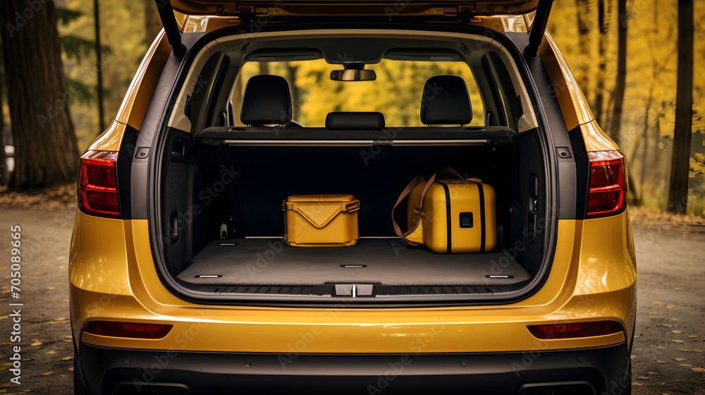 Open empty trunk of a modern SUV car with luggage