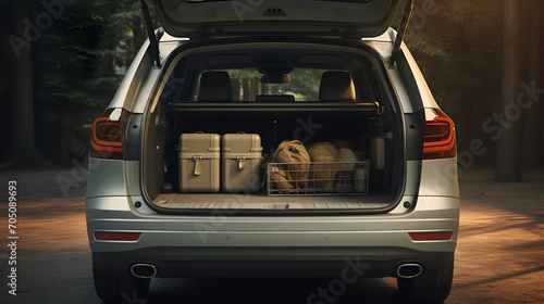 Open trunk of a modern SUV car with luggage