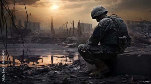 Prayer amidst devastation, soldier finds solace in the ruins of the war