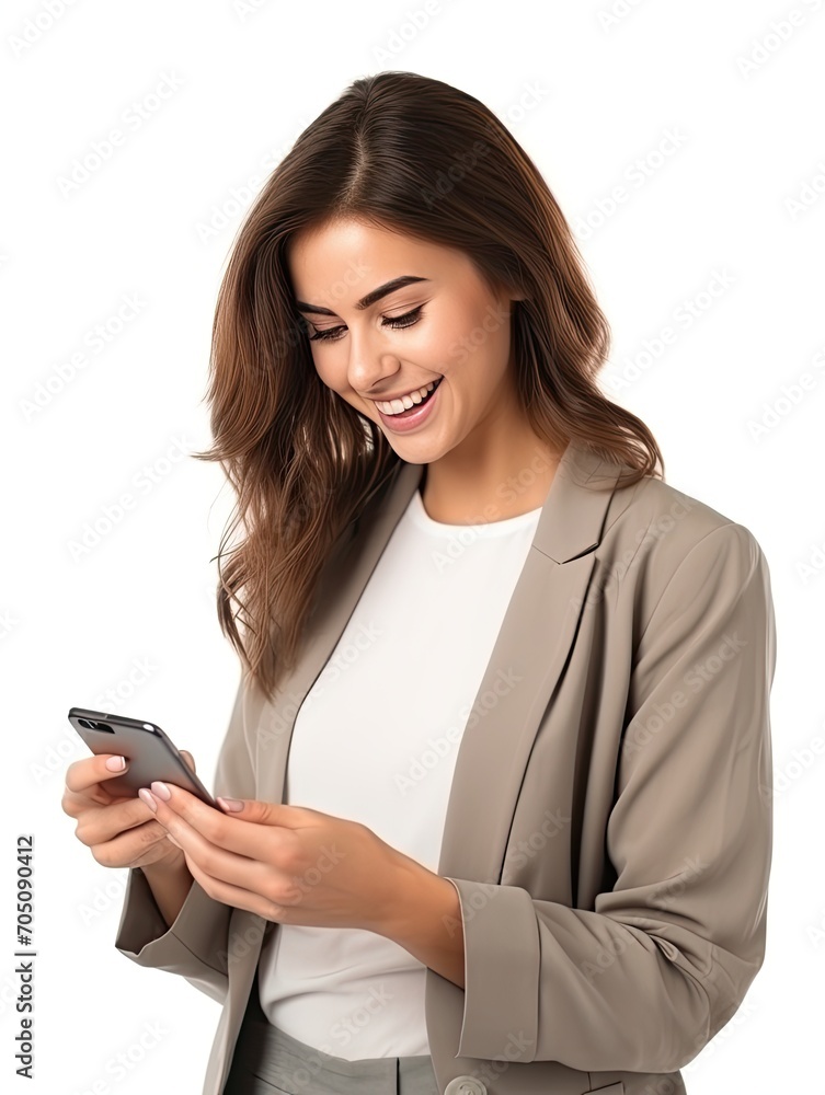 Beautiful woman holding cell phone on white background, Generative AI
