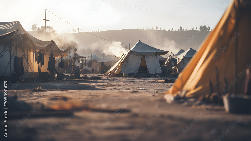 Refugee camp with tents in winters, selective focus