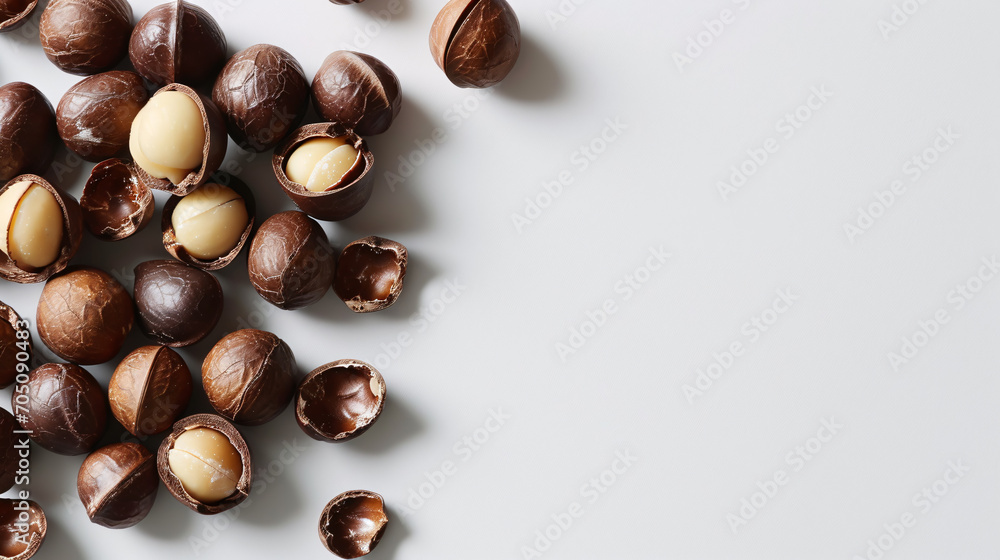 Shelled and unshelled macadamia nuts on white background Shelled and unshelled macadamia nuts on white background
