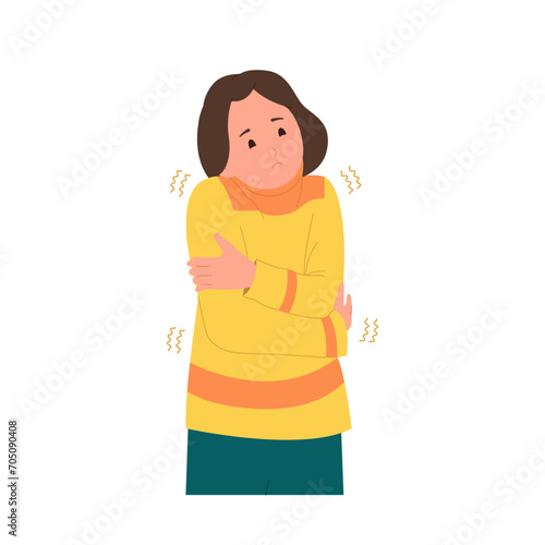 Little girl kid cartoon character feeling chill and cold trembling and shivering with her body