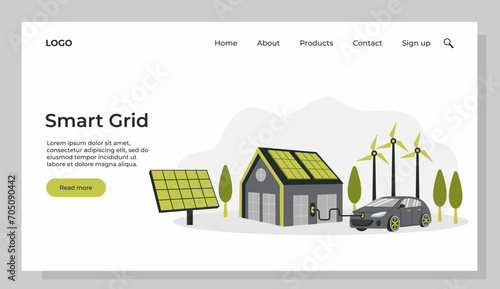 Green energy. Smart grid. Renewable. House with windmills and solar energy panels, electric car near charging station. Template for landing page.