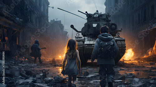 Two homeless little kids walk over in a destroyed city  soldiers and helicopters and tanks are attacking the city