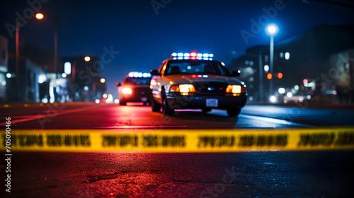 Yellow law enforcement tape isolating crime scene with blurred view of city street, toned in red and blue car lights of police