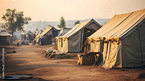 Refugee camp with tents. Background with selective focus photo