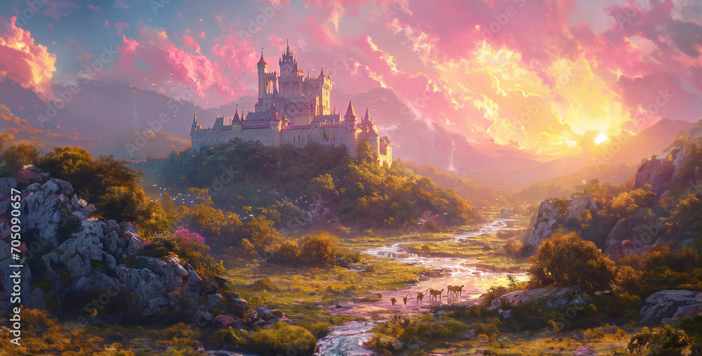 A castle on a hill with a background of pink sunshine