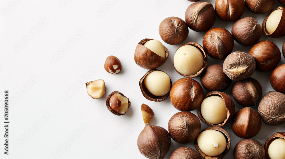 Obraz premium Shelled and unshelled macadamia nuts on white background