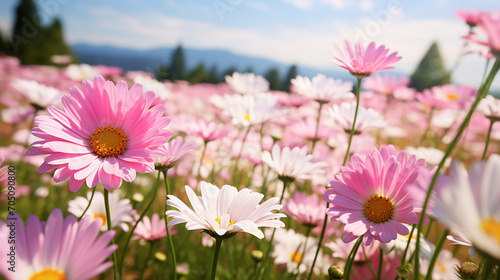 Meadow with lots of white and pink spring daisy flowers in sunny day  Ai generated image