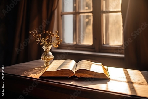 Antique old book and candle on wooden desk next to the window