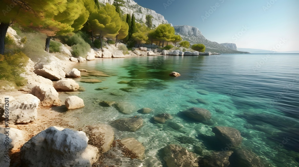 Beautiful bay near Brela town, Makarska rivera, Dalmatia, Croatia, Bright color, ultra realistic