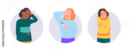 Isolated round composition with sick unhealthy girl child cartoon characters feeling discomfort