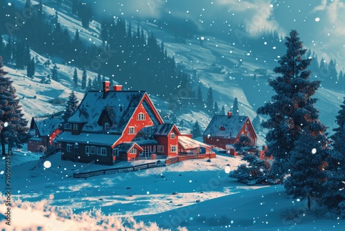 A picturesque winter scene featuring a snow-covered mountain, a house, and trees. Perfect for winter-themed projects or nature-related designs
