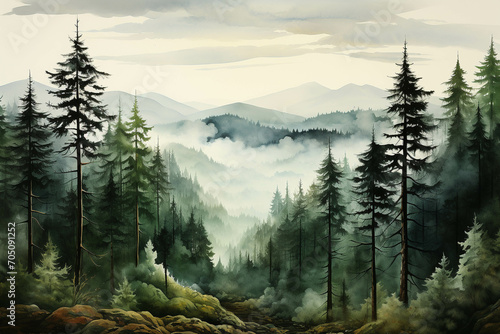 Beautiful nature watercolor picture of pine trees. © Gun