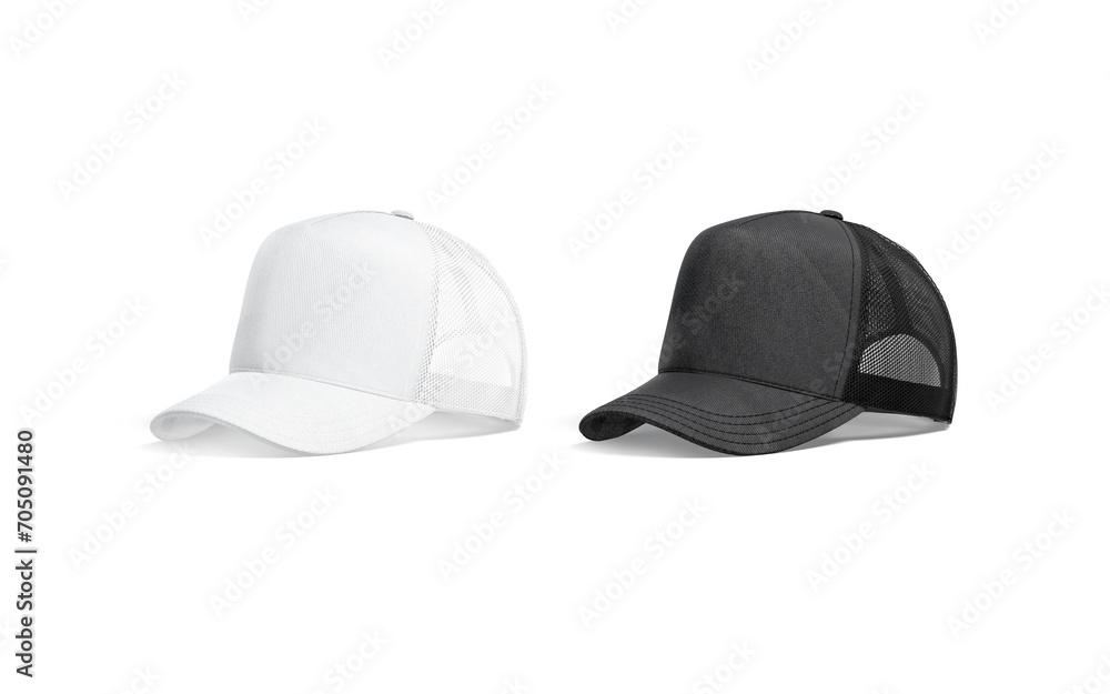 Blank black and white trucker hat mockup, half-turned view Blank black and white trucker hat mockup, half-turned view