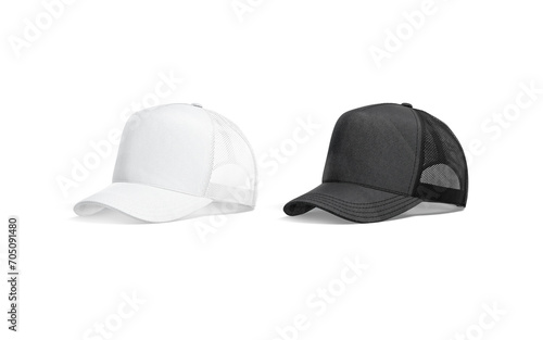 Blank black and white trucker hat mockup, half-turned view