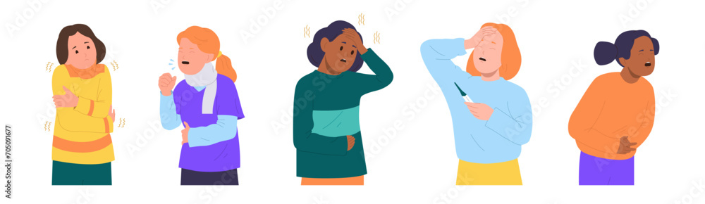 Little girl child cartoon characters with sickness symptom suffering from different kind of pain Little girl child cartoon characters with sickness symptom suffering from different kind of pain
