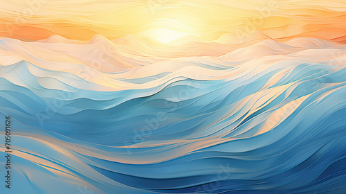 A captivating scene of abstract blue and orange waves, curling and undulating in a mesmerizing pattern, reminiscent of the sea meeting a sunset Ai Generative