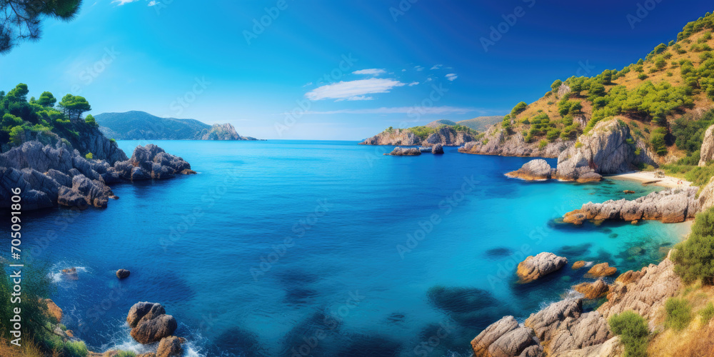 Sun shines to beautiful bay with a small beach and views of the blue sea and rocks Sun shines to beautiful bay with a small beach and views of the blue sea and rocks