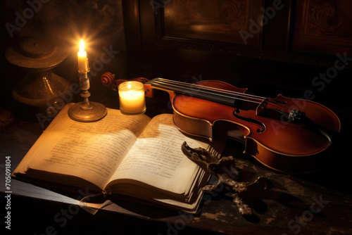 Old violin at the table with books and candles, still life