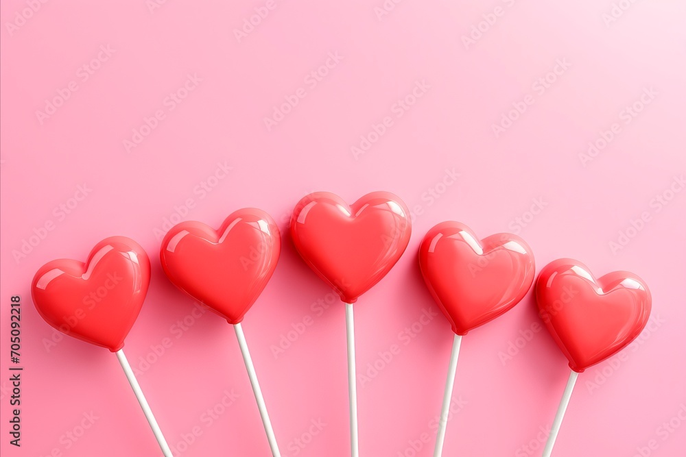 a bunch of Red heart shaped lollipop isolated on pink background. horizontal banner, copy space for text, valentine´s day card or banner, love concept 
