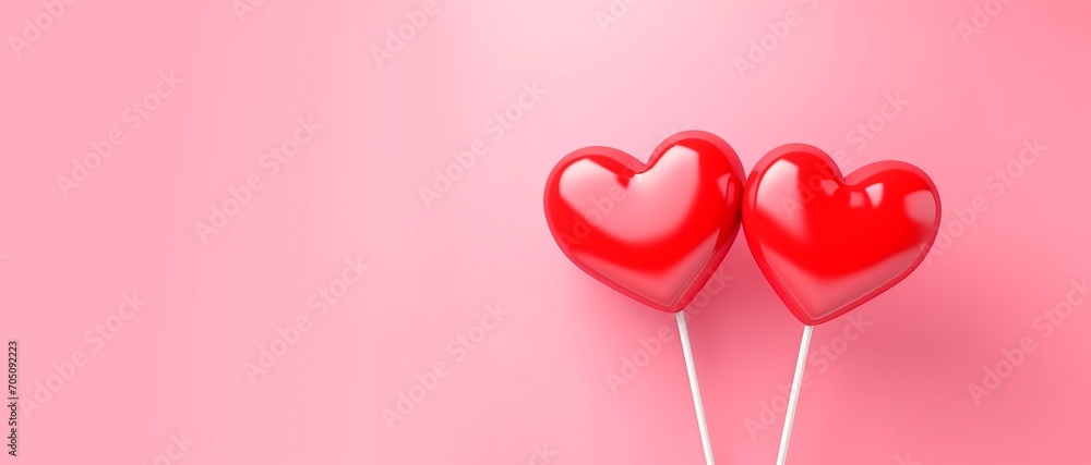 Two Red heart shaped lollipop isolated on pink background. horizontal banner, copy space for text, valentine´s day card or banner, love concept 