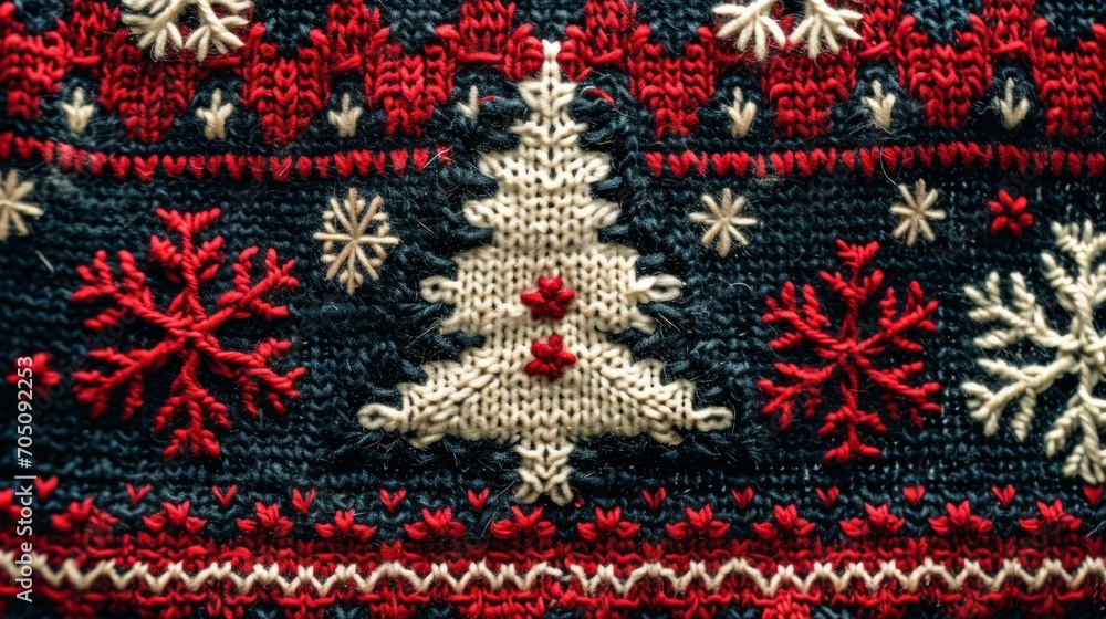 Knitted Christmas and New Year wool pattern. Knitted Christmas tree. Close-up of Sweater Design.
Knitted Christmas and New Year wool pattern. Knitted Christmas tree. Close-up of Sweater Design.