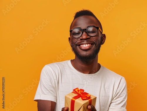 Handsome satisfied African American man with a gift in his hands on a yellow background