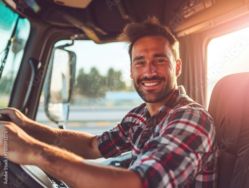 Handsome happy male driver driving a truck photo