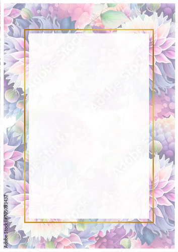 Vertical card template with watercolor purple flowers and golden rectangular frame