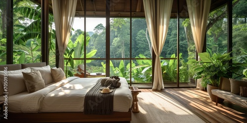 A cozy bedroom with large windows offering a view of the lush jungle outside.