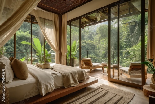 A cozy bedroom with large windows offering a view of the lush jungle outside. © ParinApril