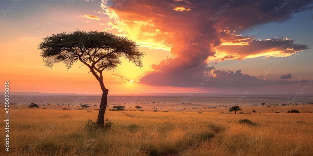 A majestic African savanna landscape at sunset with a dramatic sky.