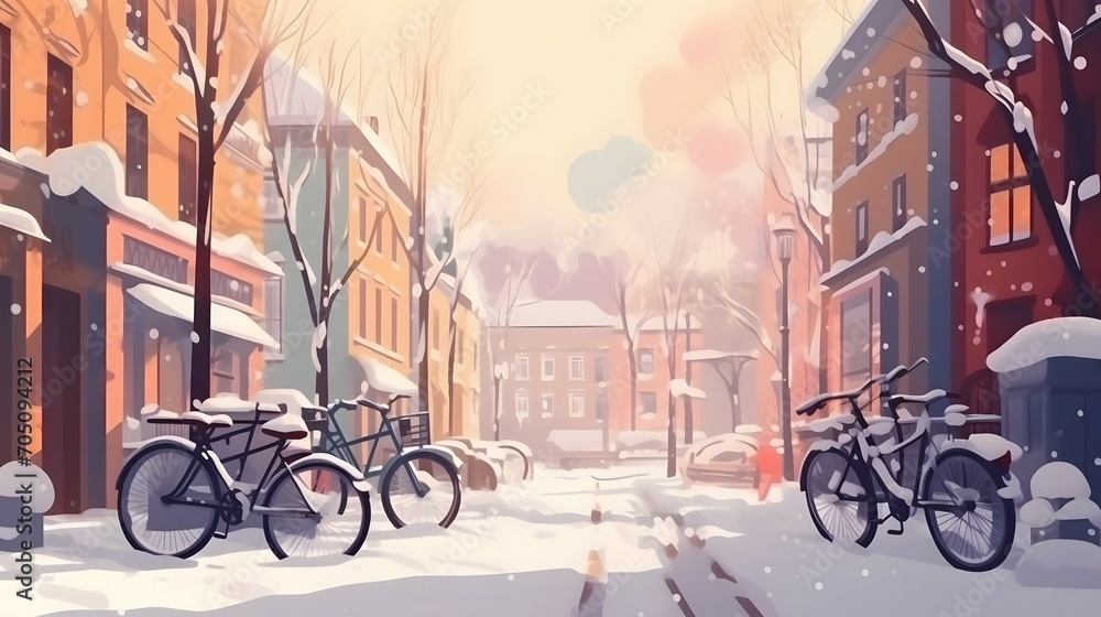 Winter in a city, street covered by snow, beautiful snowy winter scene on town with bicycles and cars covered by snow, Bright color, ultra realistic