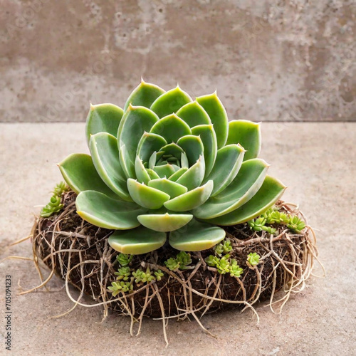 Succulent green plant with roots on solid color background 