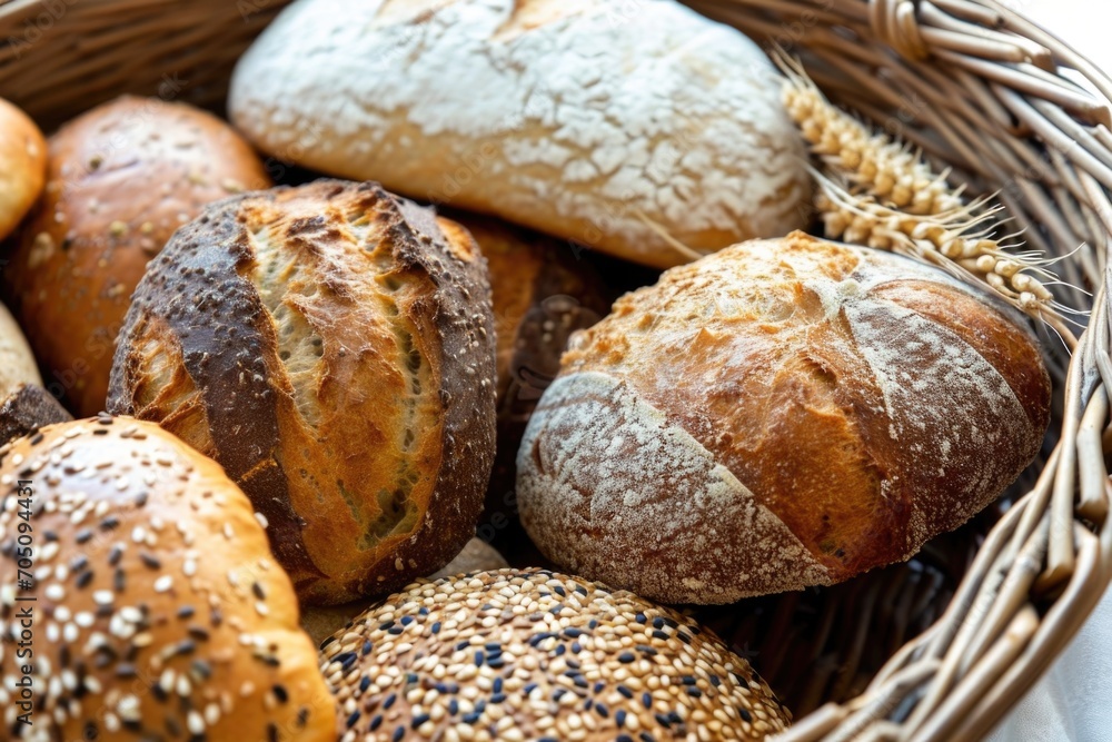 A basket filled with a variety of delicious bread types. Perfect for bakery promotions or food-related designs