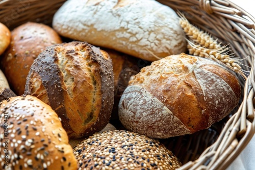 A basket filled with a variety of delicious bread types. Perfect for bakery promotions or food-related designs