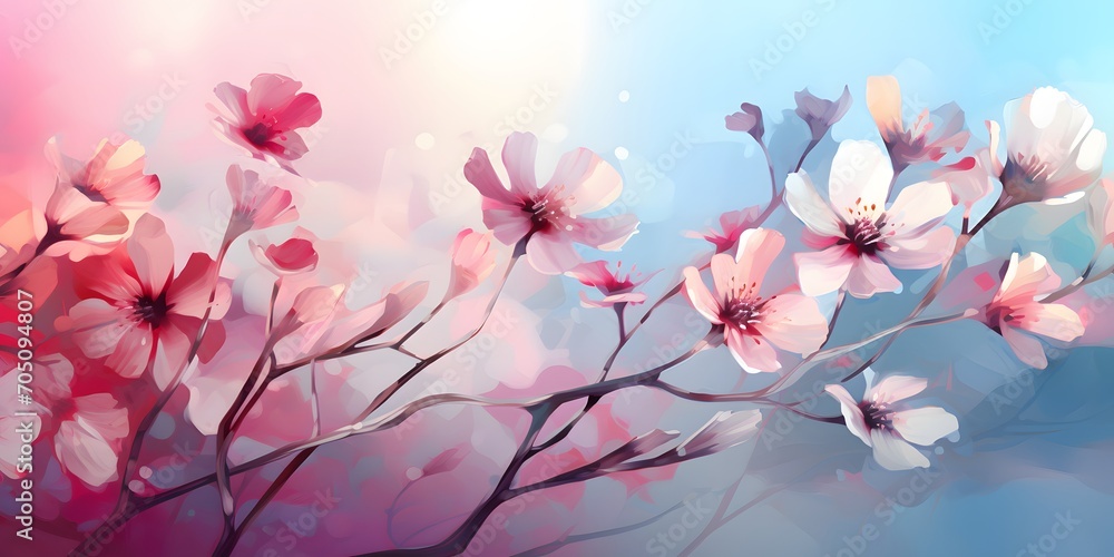 closeup of a beautiful flowering cherry tree branch on abstract blurred background in sunhine idyll, floral springtime background concept with copy space