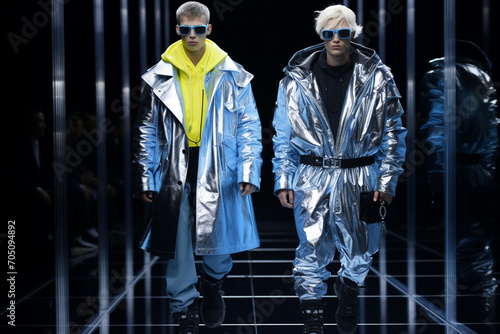 portrait of two  model guys  walking in a fashion show, dressed in winter silver type of clothes 