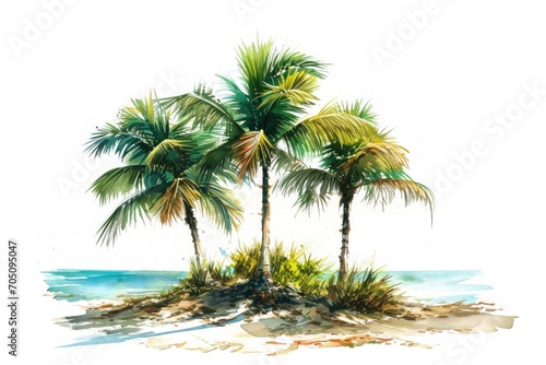A painting featuring three palm trees on a beach. Perfect for tropical-themed designs and vacation-related projects
