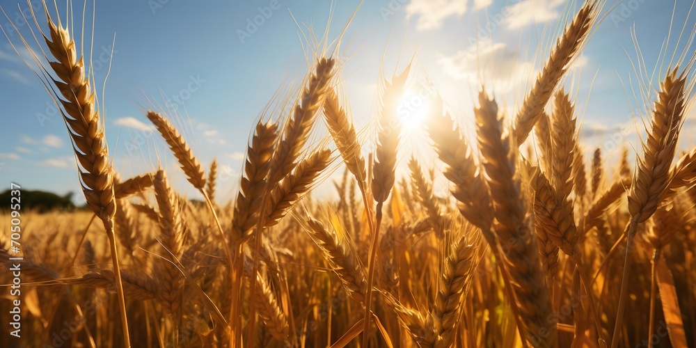 evening sun is shining on blurred harvested wheat field with straw bales, wheat ears in foreground, idyllic nature thanksgiving concept with copy space  - obrazy, fototapety, plakaty 