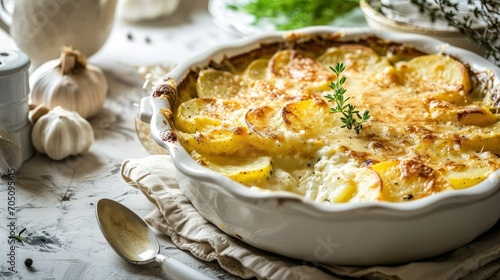 Sliced potatoes baked in cream and cheese Gratin dauphinois, copy space. photo