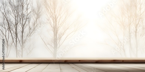 shadow from bare trees on white sunny background with wooden table for presentation space, abstract overlay concept for fall season holidays © Ziyan Yang